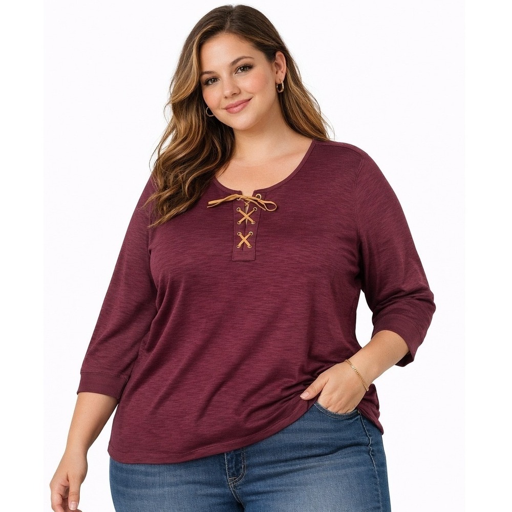 Chaps Denim Top Womens 2X Burgundy Lace‎ Up Neck 3/4 Sleeve Slub Knit New